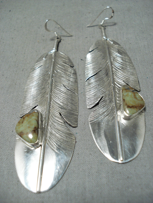 Fantastic Navajo Native American Green Turquoise Sterling Silver Earrings-Nativo Arts