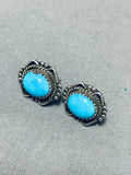 Superb Vintage Native American Navajo Sleeping Beauty Turquoise Sterling Silver Earrings-Nativo Arts
