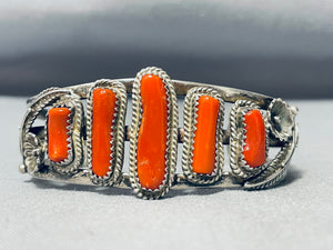 Authentic Vintage Native American Navajo Long Coral Sterling Silver Bracelet Old-Nativo Arts