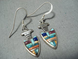 Detailed Intricate Vintage Navajo Native American Zuni Turquoise Sterling Silver Earrings-Nativo Arts