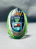 Most Unique Native American Navajo Gaspeite Turquoise Sterling Silver Inlay Ring-Nativo Arts