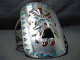 Important Towering Native American Zuni Kachina Dancer Turquoise Coral Sterling Silver Bracelet-Nativo Arts