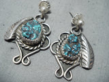 Exquisite Vintage Native American Navajo Old Kingman Turquoise Sterling Silver Earrings-Nativo Arts