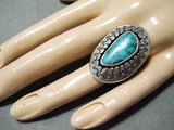 Nez Vintage Native American Navajo Old Kingman Turquoise Sterling Silver Ring-Nativo Arts
