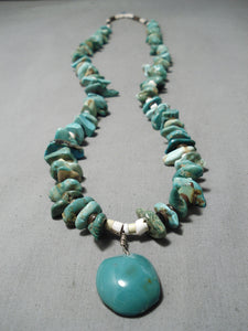 Beautiful Vintage Native American Navajo Green Turquoise Sterling Silver Necklace Old-Nativo Arts