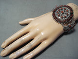 Coral Sun Native American Zuni Coral Needlepoint Sterling Silver Huge Bracelet-Nativo Arts