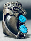 Huge Navajo Turquoise Sterling Silver Authentic Bear Native American Ring-Nativo Arts