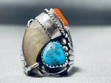 Huge Native American Navajo Turquoise Coral Sterling Silver Detailed Ring-Nativo Arts