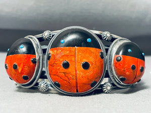 Cutest Native American Zuni Coral Turquoise Ladybug Sterling Silver Bracelet-Nativo Arts