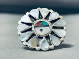 One Of The Best Vintage Native American Zuni Mother Of Pearl Sterling Silver Sunface Ring-Nativo Arts