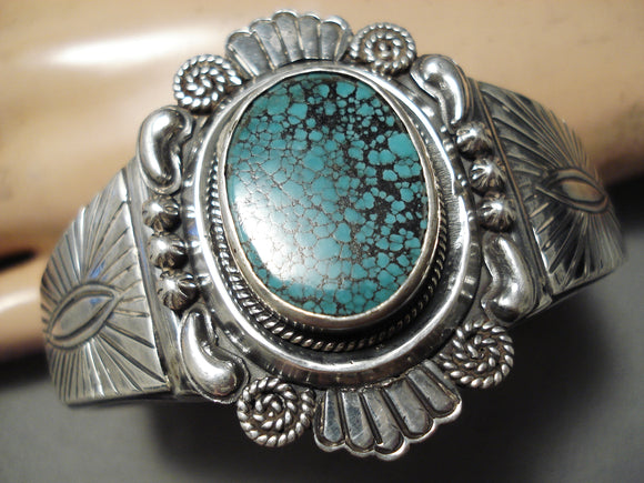 Heavy Thick Detailed Vintage Native American Navajo Spiderweb Turquoise Sterling Silver Bracelet-Nativo Arts