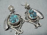 Exquisite Vintage Native American Navajo Old Kingman Turquoise Sterling Silver Earrings-Nativo Arts