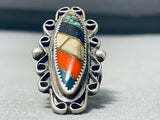 One Of The Most Unique Vintage Native American Navajo Turquoise Inlay Sterling Silver Ring Old-Nativo Arts