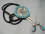 Huge Detailed Military Turquoise Sterling Silver Vintage Native American Navajo Bolo Tie-Nativo Arts
