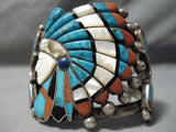 Biggest Best Vintage Native American Navajo Zuni Chief Turquoise Inlay Sterling Silver Bracelet-Nativo Arts