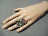 Native American Important Hand Carved Royston Turquoise Coral Sterling Silver Ring-Nativo Arts