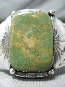 Big Green Turquoise Vintage Native American Navajo Sterling Silver Flank Bracelet-Nativo Arts