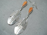 Dazzling Native American Navajo Spiny Oyster Shell Sterling Silver Feather Earrings-Nativo Arts