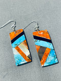Native American Dazzling Santo Domingo Inlay Turquoise Coral Jet Geometric Earrings-Nativo Arts