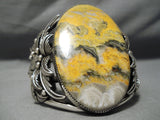 Colossal Bumble Bee Stone Native American Navajo Sterling Silver Leaves Bracelet Cuff-Nativo Arts