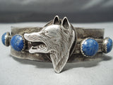 Heavy Detailed Vintage Native American Navajo Wolf Lapis Sterling Silver Bracelet-Nativo Arts