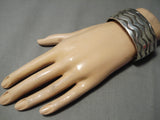 Hand Wrought Wide Vintage Navajo Sterling Silver Native American Bracelet Old-Nativo Arts