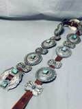 One Of The Best Vintage Native American Navajo Hand Tooled Sterling Silver Turquoise Concho Belt-Nativo Arts