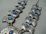 Signed Women's Vintage Native American Navajo Lapis Sterling Silver Squash Blossom Necklace-Nativo Arts