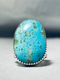 Gigantic Native American Navajo Signed Kingman Turquoise Sterling Silver Ring-Nativo Arts