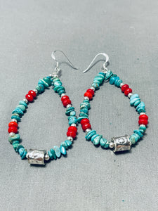 Native American Superb Santo Domingo Turquoise Corals Sterling Silver Hoop Earrings-Nativo Arts