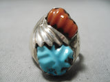 Tremendous Vintage Native American Zuni Turquoise & Coral Sterling Silver Ring Old-Nativo Arts