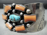 Heavy Bisbee Turquoise Vintage Native American Navajo Red Coral Sterling Silver Bracelet-Nativo Arts