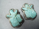 Hand Carved Eagles Vintage Native American Navajo Royston Turquoise Sterling Silver Earrings-Nativo Arts