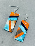 Native American Dazzling Santo Domingo Inlay Turquoise Coral Jet Geometric Earrings-Nativo Arts