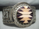 Native American Pink And Purple Shell Vintage Navajo Sterling Silver Geomtric Bracelet-Nativo Arts