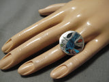 Native American Important Harlan Coonsis Bluejay Turquoise Coral Sterling Silver Ring-Nativo Arts