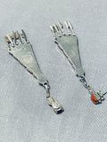 Exquisite Native American Zuni Coral Needlepoint Sterling Silver Earrings-Nativo Arts
