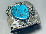Museum Vintage Native American Navajo Big Turquoise Sterling Silver Leaf Flower Bracelet-Nativo Arts