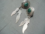 Amazing Vintage Native American Navajo Malachite Sterling Silver Feather Earrings-Nativo Arts