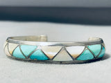 Lorrie Kallestewa Vintage Native American Zuni Blue Gem Turquoise Mother Of Pearl Inlay Bracelet-Nativo Arts