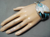 Rare Zuni Native American Turquoise Coral Jet Inlay Sterling Silver Bracelet-Nativo Arts