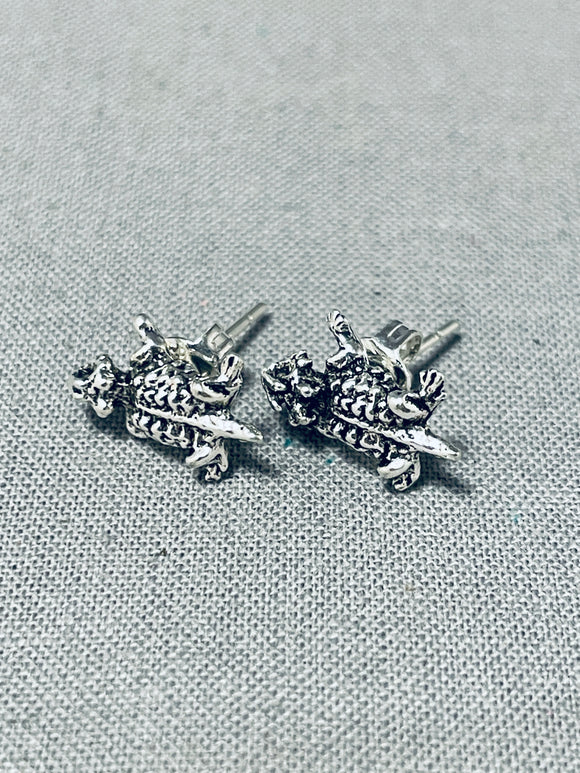 Marvelous Native American Navajo Sterling Silver Toad Earrings-Nativo Arts