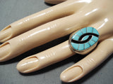 Dazzling Vintage Native American Zuni Blue Gem Turquoise Inlay Sterling Silver Ring-Nativo Arts