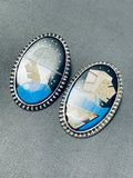 Important Native American Navajo Turquoise Sterling Silver Inlay Earrings-Nativo Arts
