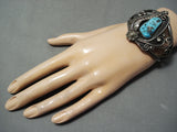 Important Clark Vintage Native American Navajo Turquoise Leaf Sterling Silver Bracelet Old-Nativo Arts