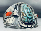 Important Hand Carved Chief Turquoise Sterling Silver Coral Bracelet-Nativo Arts