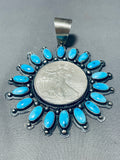 Dramatic Native American Navajo Kingman Turquoise & Coin Sterling Silver Pendant Signed-Nativo Arts