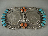 Absolutely Huge Vintage Navajo Turquoise Coral Native American Jewelry Silver Pin-Nativo Arts