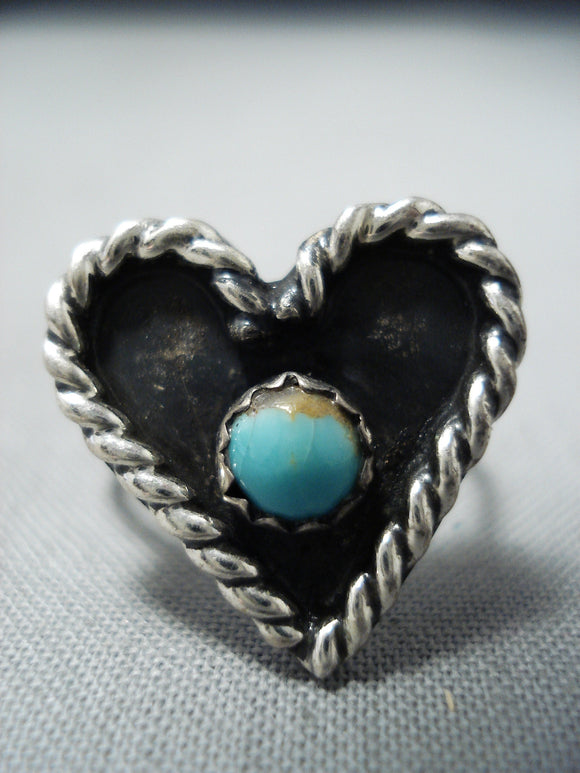 Adorable Vintage Native American Navajo Sleeping Beauty Turquoise Sterling Silver Heart Ring Old-Nativo Arts