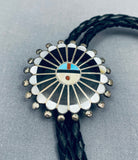 Adrian Wallace Vintage Native American Zuni Turquoise Coral Sterling Silver Sunface Bolo Tie-Nativo Arts